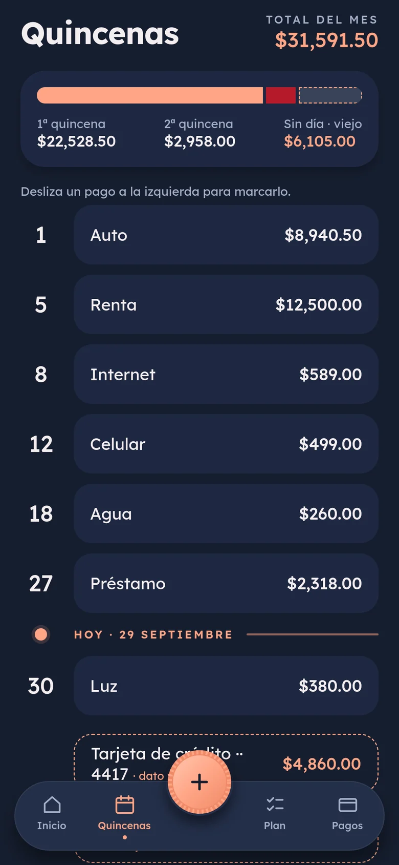Pantalla de Quincenas